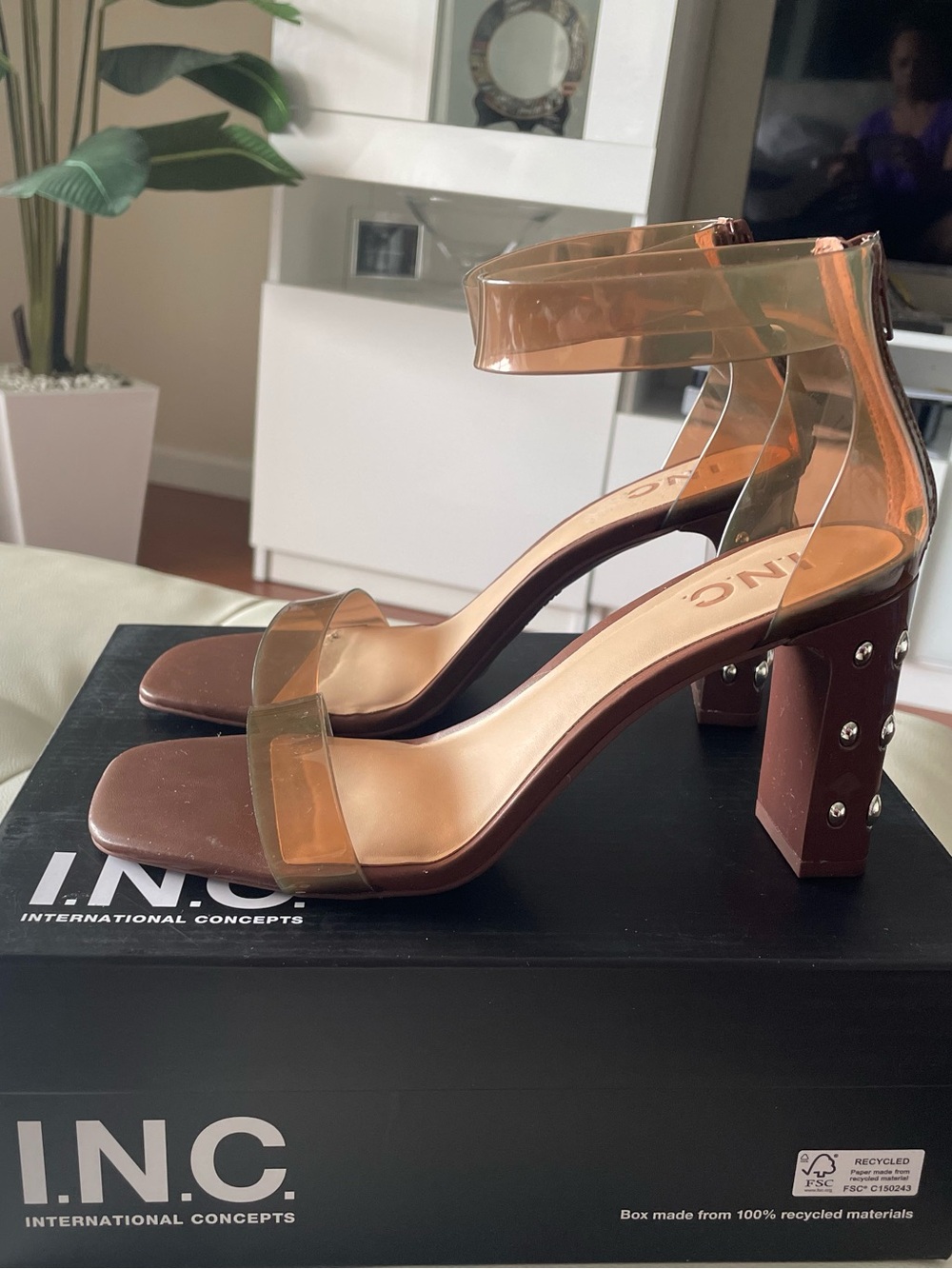INC International Concepts Brown Block Heel Sandals with Amber Clear Straps